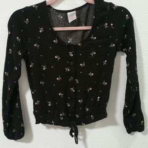 Black floral crop top with tie.